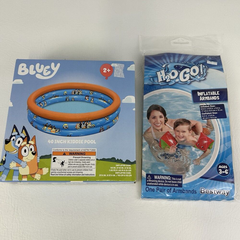 Bluey Kiddie Pool 40” Swim Play Watermelon Inflatable Arm Bands Bingo Bandit